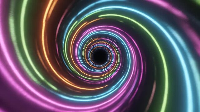 A psychedelic tunnel of swirling neon lights creates a hypnotic visual effect.