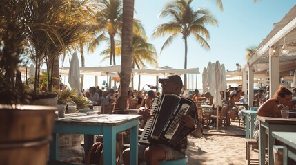 Obraz premium Man playing accordion entertaining guests at a vibrant beach restaurant under palm trees, people relaxing during summer vacation