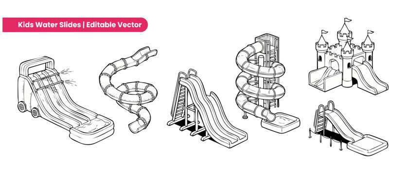 Water slide vector line art icon set featuring isometric kids aquapark playground equipment, pool slides, spiral tube chutes, and amusement park castle isolated on white background coloring page.