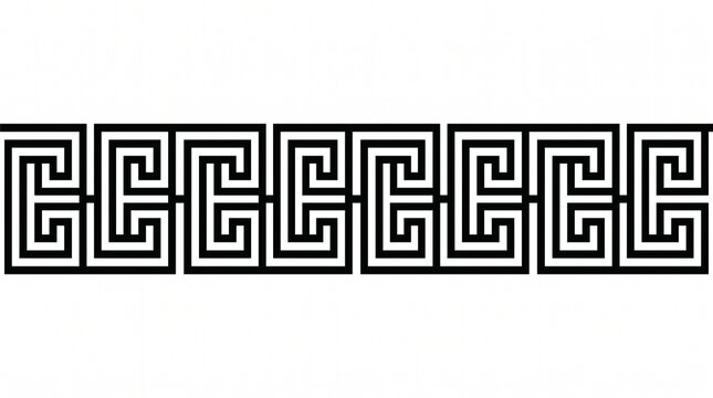 Ancient Greek meander border pattern, black and white geometric fret design, classic mediterranean key motif ornament for architectural decor