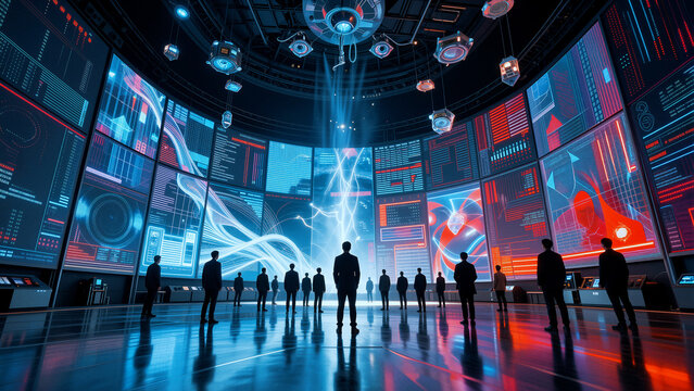 People observe futuristic data visualization screens
