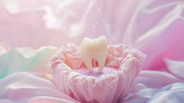 Conceptual 3D render of a white baby tooth resting in a soft pink fabric nest with magical sparkles and pastel light