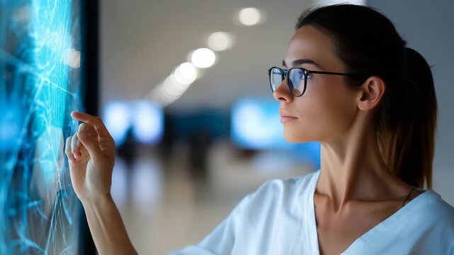A professional woman in glasses uses an advanced transparent display, focusing on digital innovation and smart technology. The scene highlights modern workplace trends and tech driven productivity