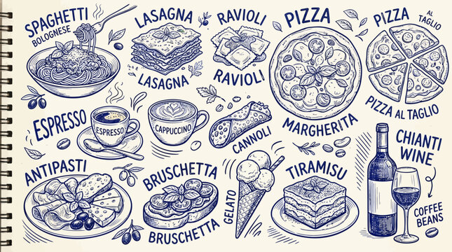 Blue Italian food sketches with typography doodle art.