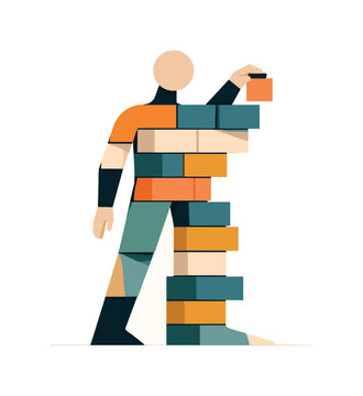 Abstract geometric human figure partially integrates with aligned blocks becoming simplified structured form suggesting