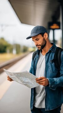 Confident male traveler with backpack examines a map while waiting for a train at an urban railway station. Adventure, exploration, and navigation concepts in a contemporary setting