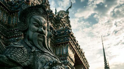 Fototapeta premium Intricately Detailed Guardian Statue at Historic Thai Temple with Sky Background