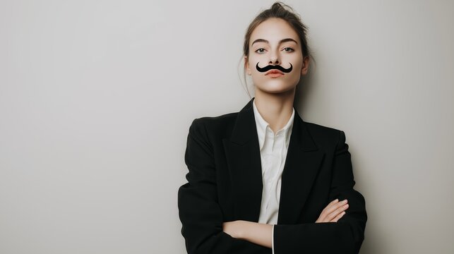 Woman in suit with painted mustache posing confidently, challenging gender stereotypes and business roles