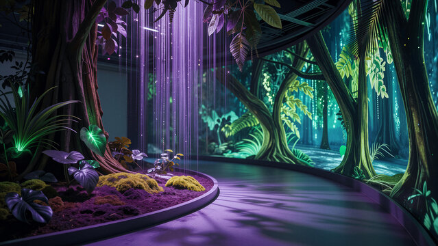 Enchanting forest with glowing plants and purple rain