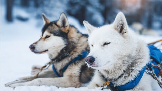 Sled dogs resting on snow with harnesses in cold winter landscape, northern atmosphere, endurance, journey