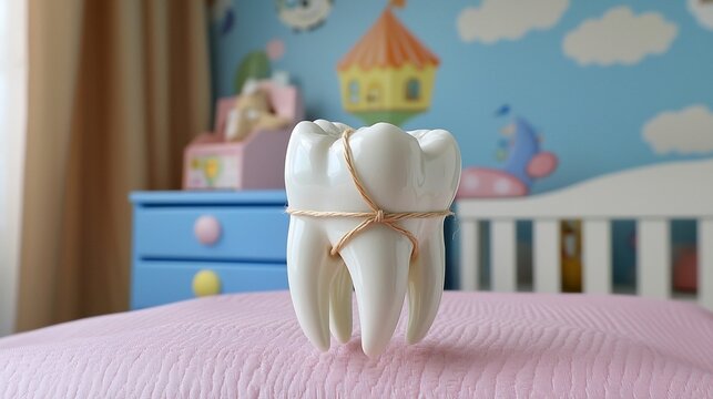 Large dental tooth model tied with a brown string on a pink surface in a child's bedroom with colorful furniture