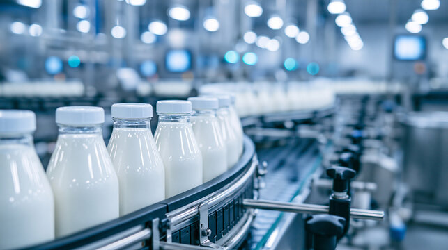 Close-up of milk bottles on conveyor belt in modern dairy processing plant