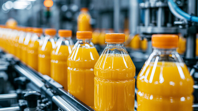 Close-up of Automated Orange Juice Bottling Line with Bright Lighting