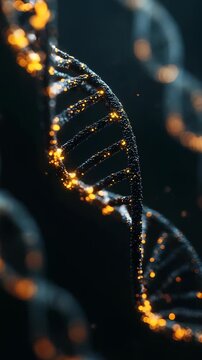Detailed macro shot of a luminous DNA strand illuminated by sparkling golden lights, symbolizing modern genetics. Perfect for illustrating biotechnology, research, and molecular biology themes