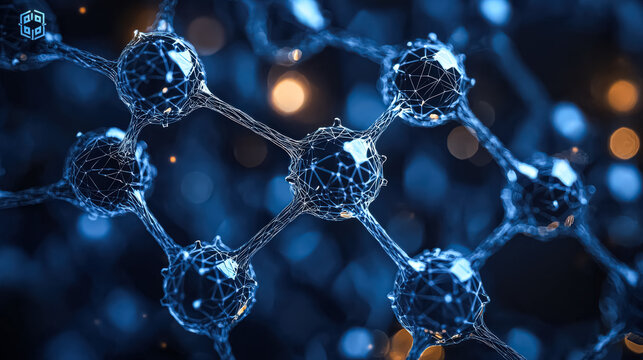 Complex molecular structure depicted in a 3D digital rendering with blue highlights. Detailed and futuristic digital art. Suitable for scientific publications, educational materials, and technology pr