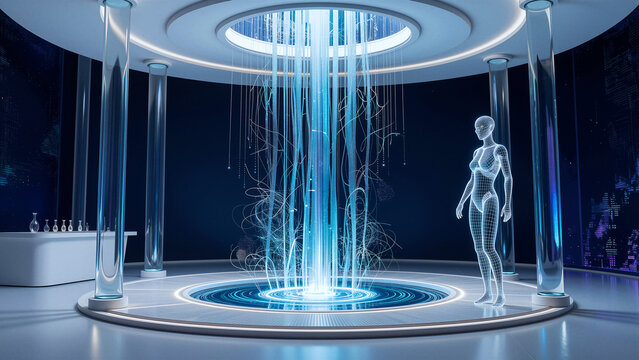Futuristic holographic human form in a science lab