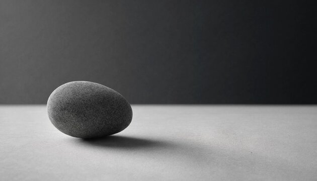Single grey smooth stone resting on flat surface with long shadow minimalist still life art.