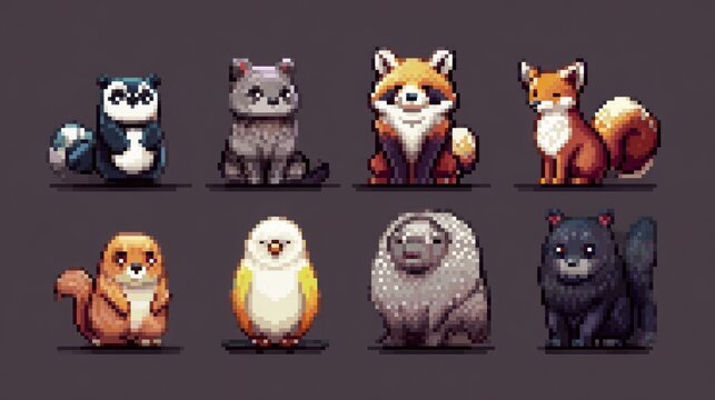Retro pixel animal set in 8-bit style, cute nostalgic gaming creatures. 