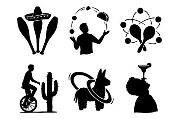 Entertaining Mexican themed activity icons featuring juggling people riding unicycles and music instruments. © Avijit