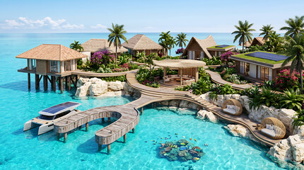 Obraz premium Tropical overwater bungalows with catamaran and lush vegetation tropical resort ocean