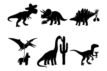 Fiesta dinosaur set, funny cartoon trex, triceratops, stegosaurus, pterodactyl, brachiosaurus, and raptor. © Avijit