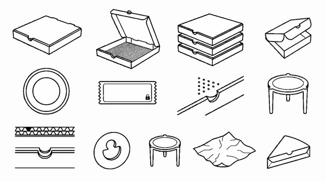 Pizza packaging and delivery service line art icons set including boxes and accessories.