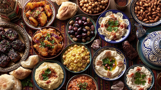 Traditional Middle Eastern Mezze Spread with Various Dips and Fresh Ingredients