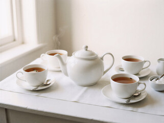 Fototapeta premium Afternoon tea setup with white teapot and cups on wooden tray near window