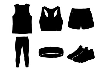 Naklejka premium Fitness clothing and sports accessories silhouette collection including tank top bra shorts leggings and sneakers.