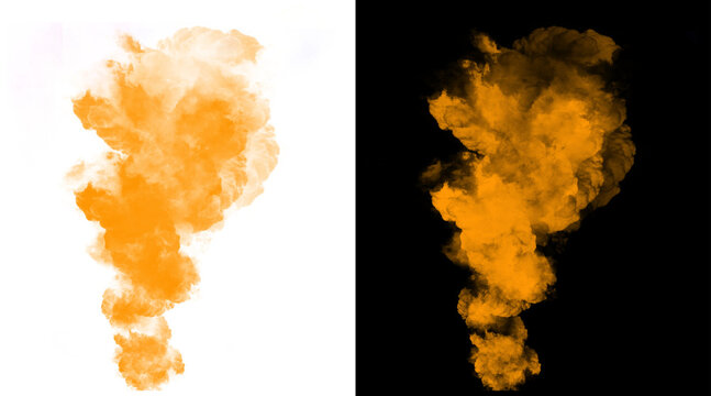 Orange smoke explosion on white and black background, vibrant fire cloud texture, abstract colorful steam burst for design overlays