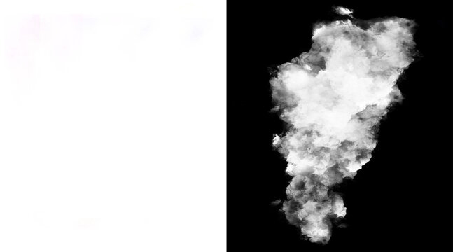 Atmospheric white smoke plume on black background, ethereal steam cloud texture, cinematic fog effect for compositing and design