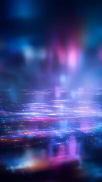 Abstract futuristic scene with glowing neon lights and shimmering reflections on a smooth surface. Blue and purple gradients blend seamlessly, evoking a sense of innovation and digital energy