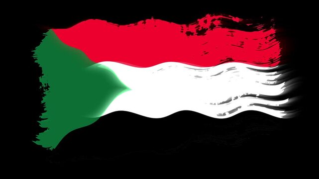 Waving torn Sudan flag grunge brush burn light leaks, transparent background alpha channel loop full HD
