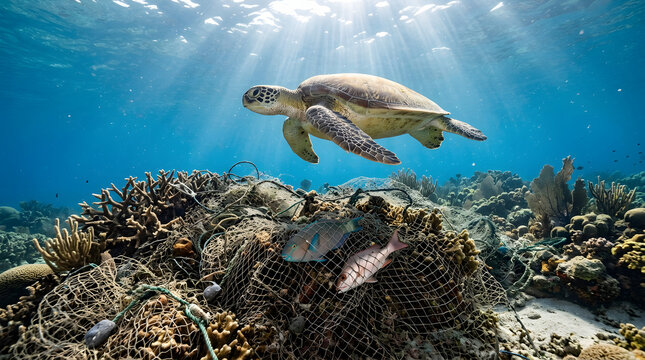 Sea turtle swimming above a discarded fishing net on a coral reef