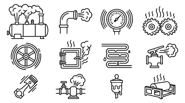 Industrial Steam Engine Components and Mechanical Parts Line Art Icon Set.