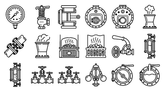 Industrial boiler and steam engine equipment line icon set featuring valves gauges and pipes.