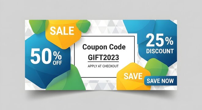 Coupon code graphic displays a promotional discount offer with colorful geometric shapes and abstract elements for retail marketing.