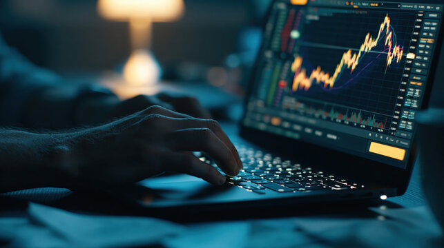 Trader analyzing stock market charts on laptop at night with candlestick graph and financial data on screen