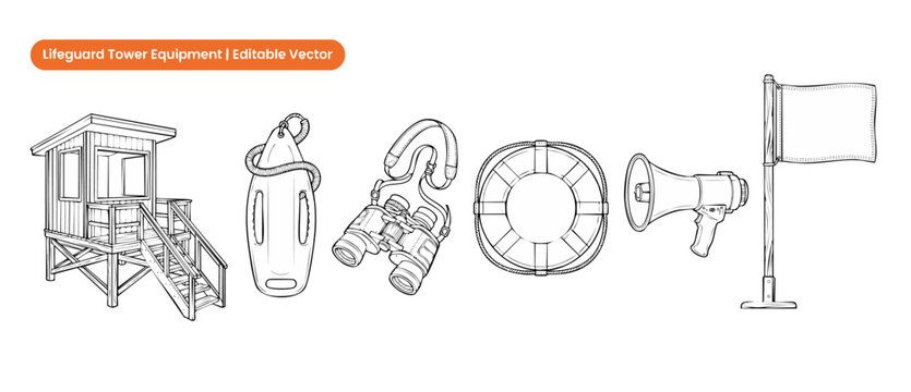 Lifeguard tower equipment vector icons set featuring line art of rescue buoy, binoculars, lifebuoy ring, megaphone, and warning flags for beach safety illustration in coloring book style templates.