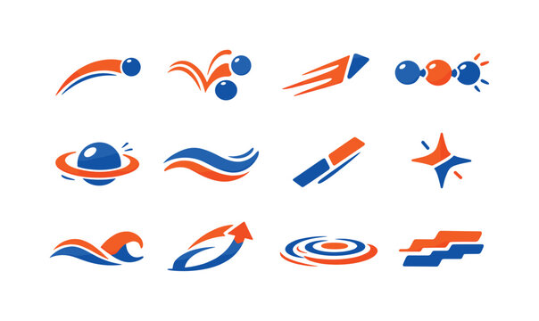 Kinetic Motion Icons. Two-Color vector icons of kinetic motions: leap arc, bounce curl, push-off stripe, recoil bead, motion ring,