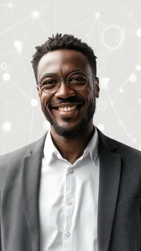 Portrait of a cheerful professional man in a smart blazer, exuding positivity and success. Futuristic digital network backdrop highlights concepts of connectivity and business growth