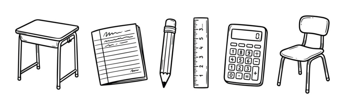 Various school supplies, including a desk, notebook, pencil, ruler, calculator, and chair, are illustrated in a charming hand-drawn doodle style.