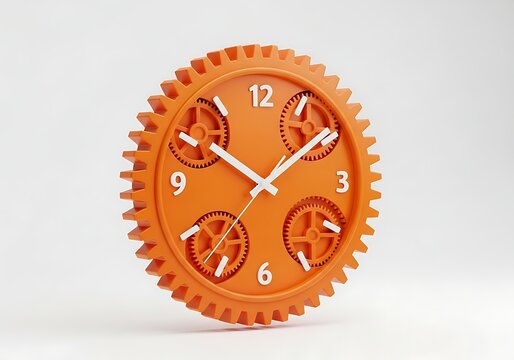 Orange gear wall clock with mechanical internal cogs and white hands