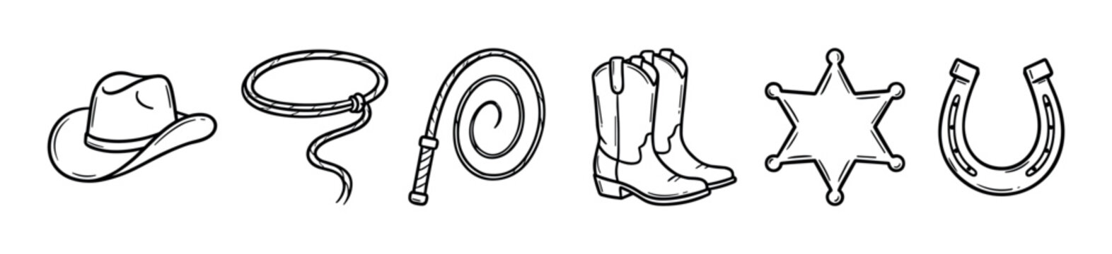 Cowboy hat lasso whip boots sheriff badge horseshoe collection in a hand-drawn doodle style, representing classic Western and rodeo culture.