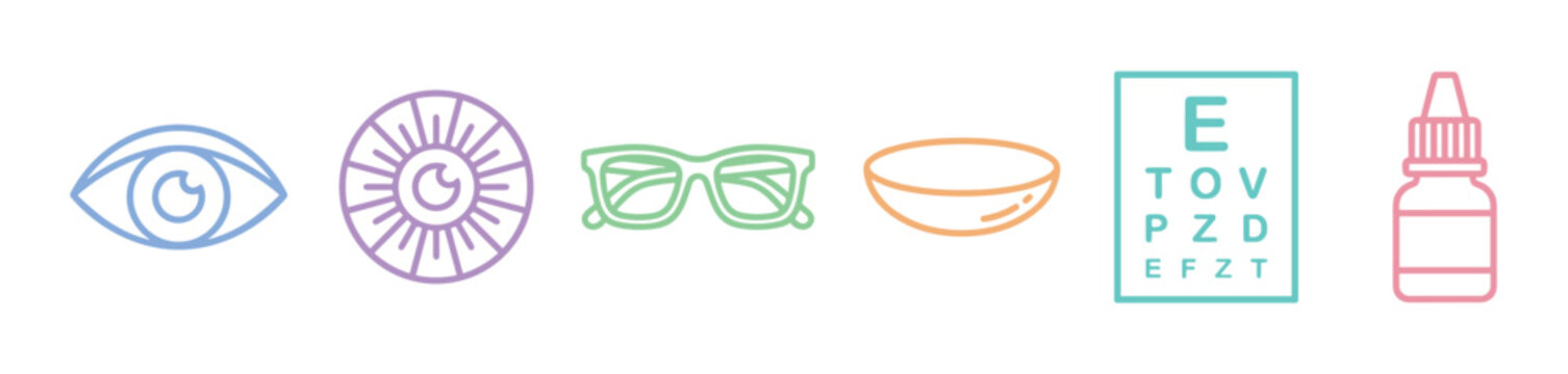 Eye care vision health ophthalmology symbols icons set featuring various optical elements, medical devices, and diagnostic tools for visual health.