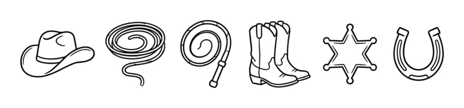 Cowboy hat, lasso, whip, boots, sheriff badge, horseshoe icons representing classic Western and rodeo culture in a simple line art style.