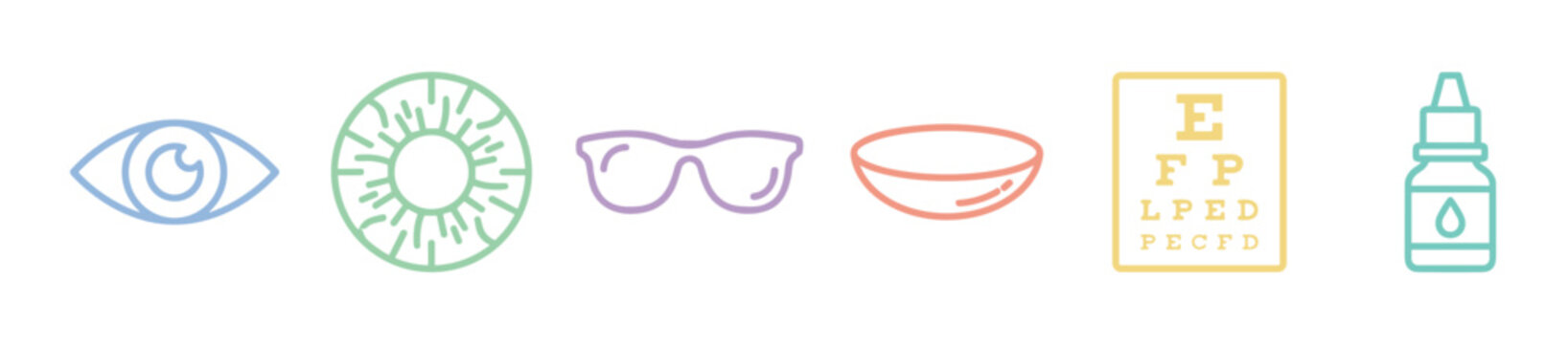 Eye care icons, vision health, ophthalmology, optometry, and related elements including eyeglasses, contact lenses, eye charts, and drops for medical treatment.