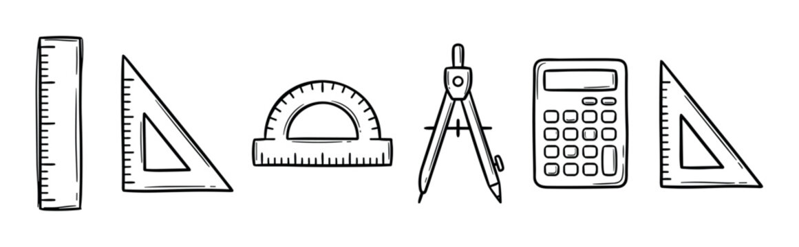 Mathematical tools and drafting instruments including a ruler, protractor, compass, set squares, and calculator in a hand-drawn doodle style.