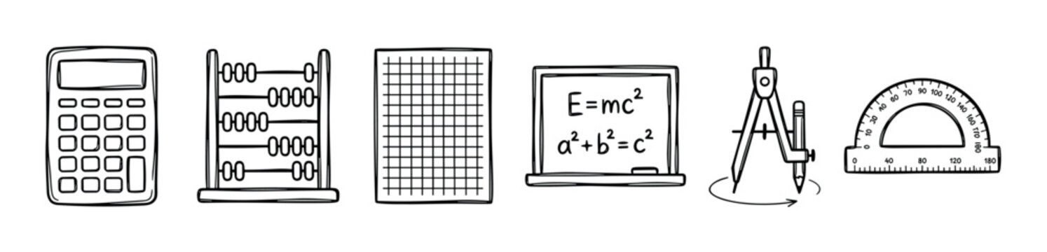 Calculator abacus graph paper chalkboard compass protractor doodle icons representing mathematics, science, and education tools for learning and school subjects.