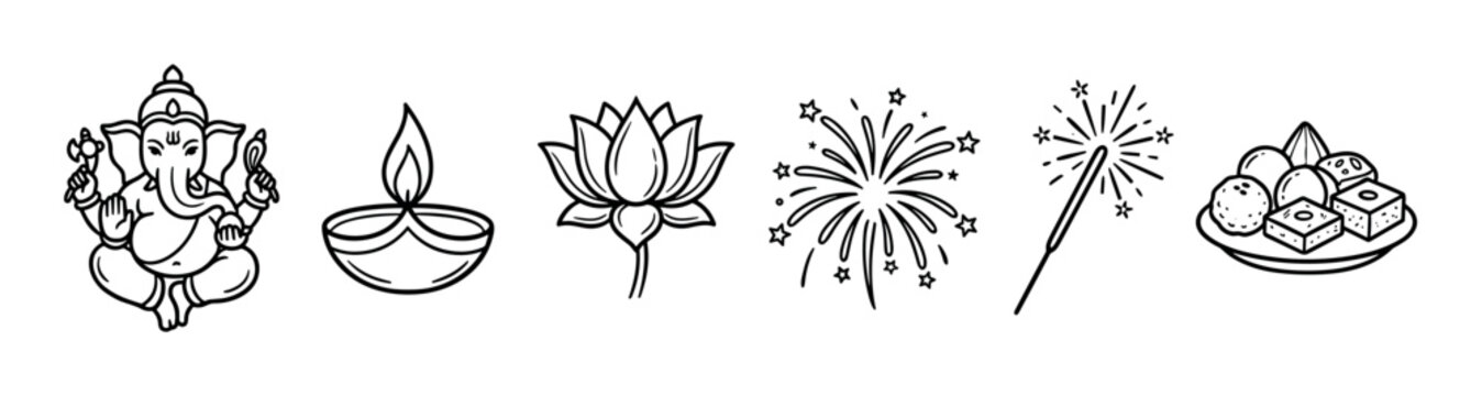 Diwali festival symbols and celebration elements including Ganesha, diya, lotus, fireworks, sparkler, and sweets in a line art style.